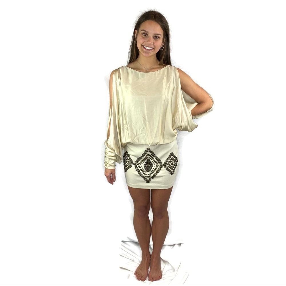 Hale Bob Tan Beaded Mini Dress Open Sleeves Fully lines size Small